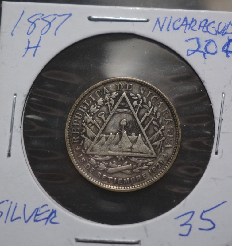 1887-H NICARAGUA SILVER 20 CENTAVOS XF