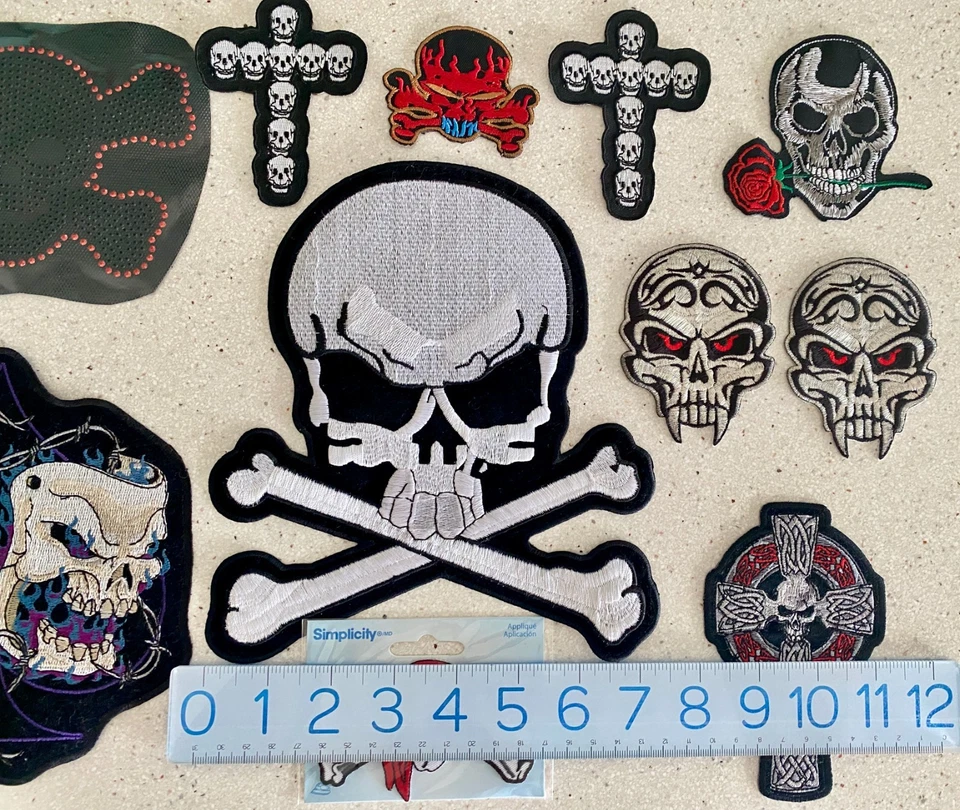 11 Piece Lot Mixed Skull Iron-On Embroidered Patches Applique Biker Cross Bones - Image 3 of 4