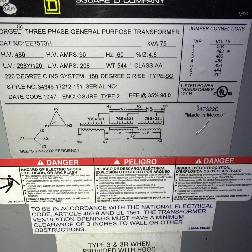 Transformador Square D 75kVA 480V 208Y/120 3P 3W EE75T3HF 🟦 - Imagem 2 de 4