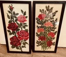 Vintage Needlepoint Floral Art Pair- Roses & Carnations Framed Hand Stitched 19"