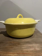 Vintage Descoware Belgium Yellow White Handled Enamel Cast Iron Casserole Baker