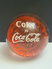 VINTAGE Red COKE IS COCA-COLA PAPERWEIGHT Clear Red With White Lettering 