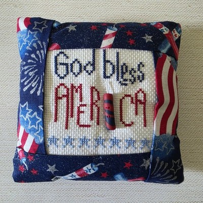 Finished Cross Stitch Pine Mountain GOD BLESS AMERICA 4th July Tuck Pillow orna
