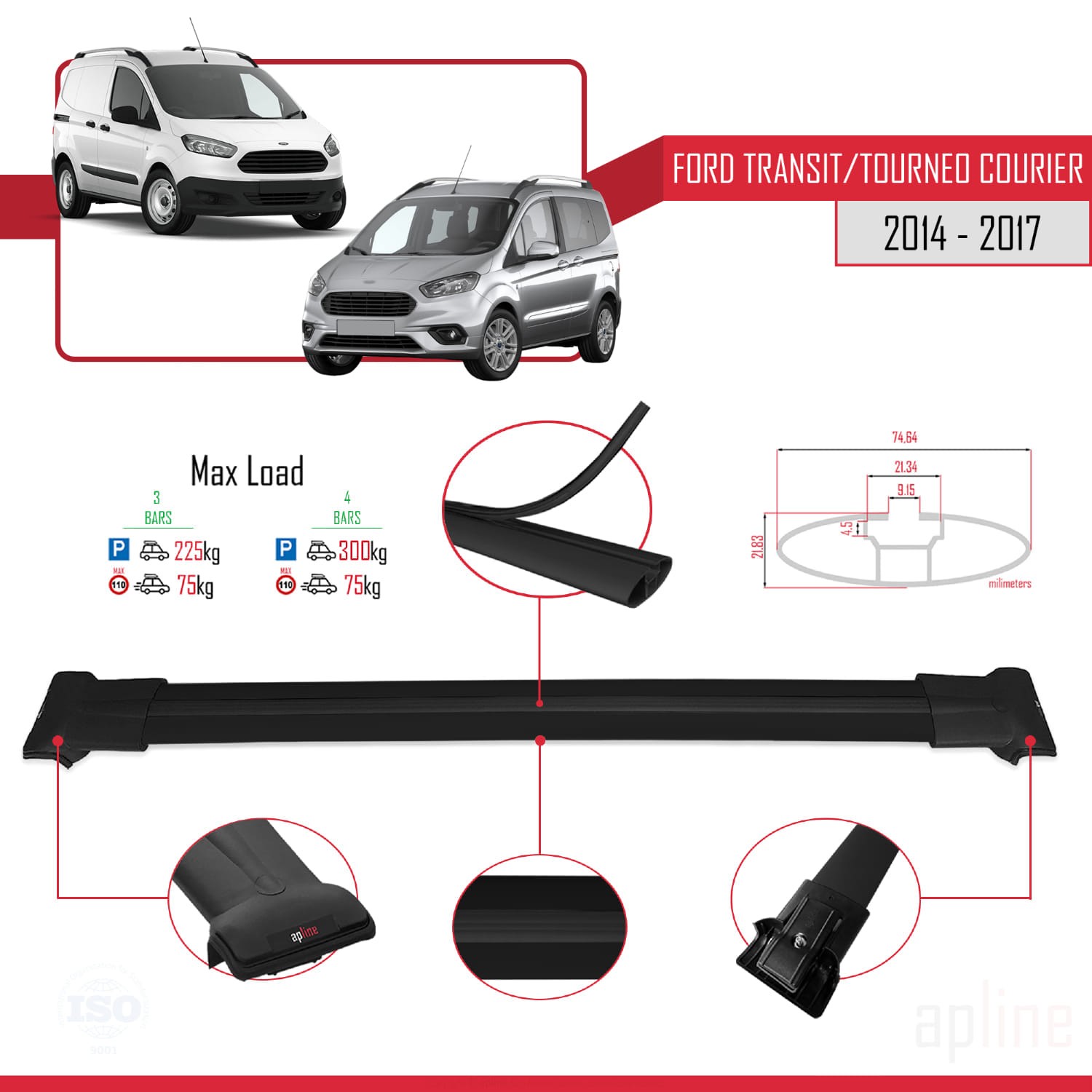 Barres de toit Ford Transit Courier 2014-2017 pour transporter des échelles