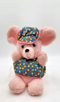 Vtg Knickerbocker (?) Plush Pink Mouse Musical Lullaby Flowered Shirt Hat 10''