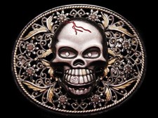 JF19115 VERY COOL  HUMAN SKULL w/RHINESTONE EYES AND TOOTH  BELT BUCKLE