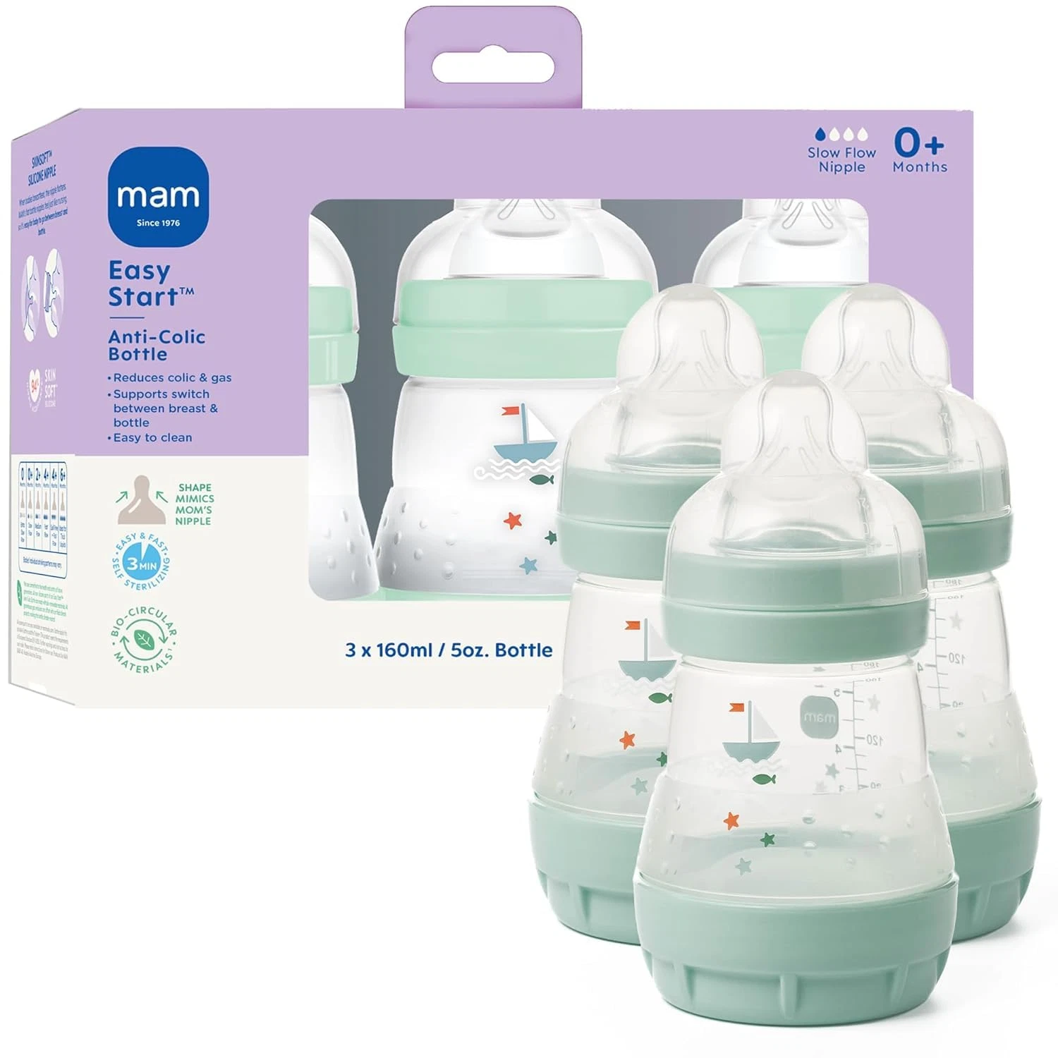 5Oz Easy Start Anti-Colic+ Wide Neck Vented Baby Bottle, Slow Flow Breastfeeding