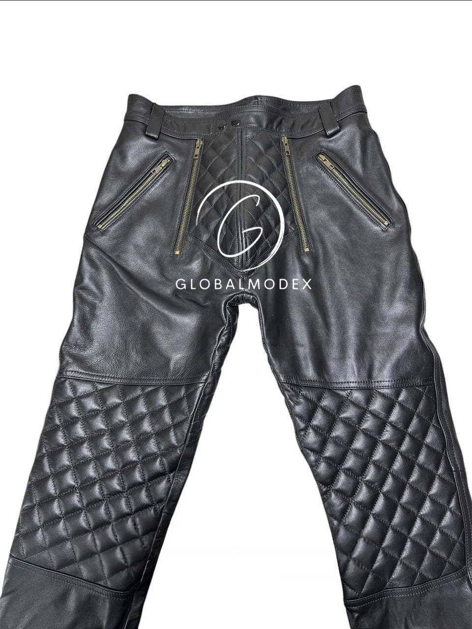 Men leather Black cow biker pants with quilt padded motorcycle trousers