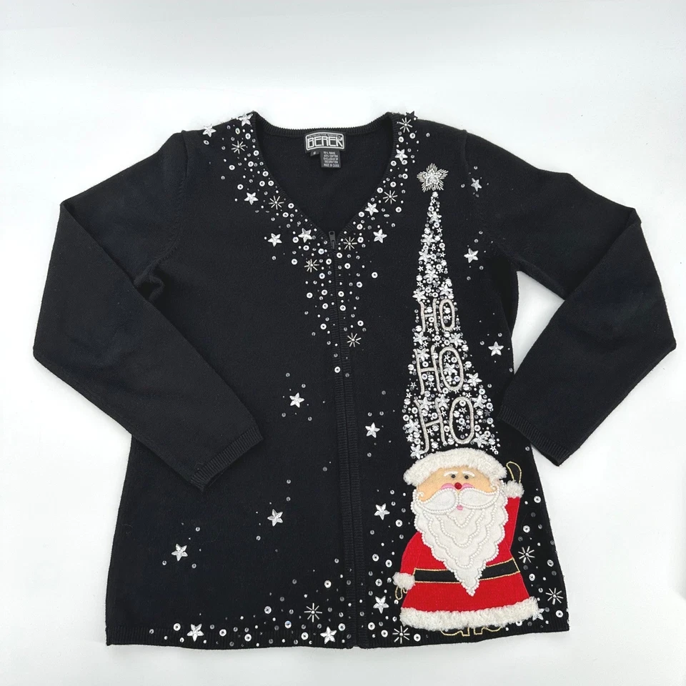 BEREK Санта рождественская елка Ho Ho блестки бисером молнии черный кардиган свитер S - Изображение 3 из 4