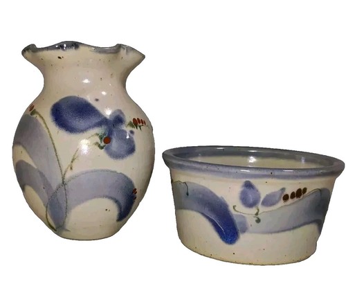Arkansas Studio Keramik 1 Vase 1 Übertopf passendes Muster blauer Rand signiert Stempel - Bild 1 von 12