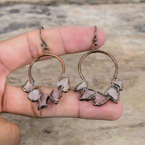 "Pendientes colgantes de gota/colgantes ásperos de cuarzo rosa cobre de 2,36" - Imagen 3 de 6