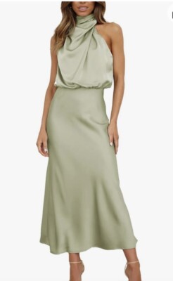 Sexyshine Light Green L Cocktail Party Dress Stretchy Mock Neck Sleeveless  Satin | eBay