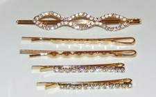 Set of 5 Gold Tone Rhinestone studded Hair Clips