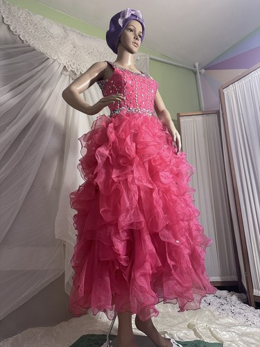 Pink Maximalist Cupcake Ruffly Iridescent Beaded Girls Organza Formal Gown - Picture 4 of 24