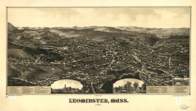 14'' x 24'' 1886 Leominster Massachusetts, Bird's Eye Map Leominster