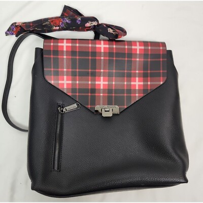 Steve Madden Red & Black plaid detail backpack Steve Madden Large Faux Leather Black/Red Black Plaid Back  main image 2