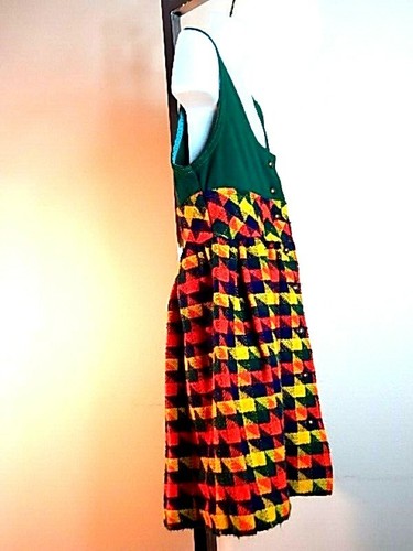 Vintage 1970s Mid Century Green Wool Knit ZigZag Check Pleated Romper Tank Dress - Picture 10 of 12