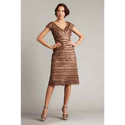 Tadashi Shoji Thora Silken Fringe Dress Cap Sleeve Brown Women's Size 6 NWT 