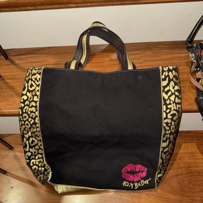 Betsey Johnson Betseyville Lips Theme Leopard Large Tote Y2K black gold