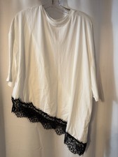 Women  s White Asymmetrical Short Sleeve  Soft Black Lace Shirt Top XL A132 