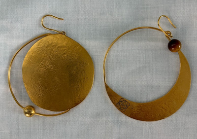 LOEWE Paula's Ibiza Authentic Tiger's Eye Asymmetrical Hoop Earrings Gold Brass