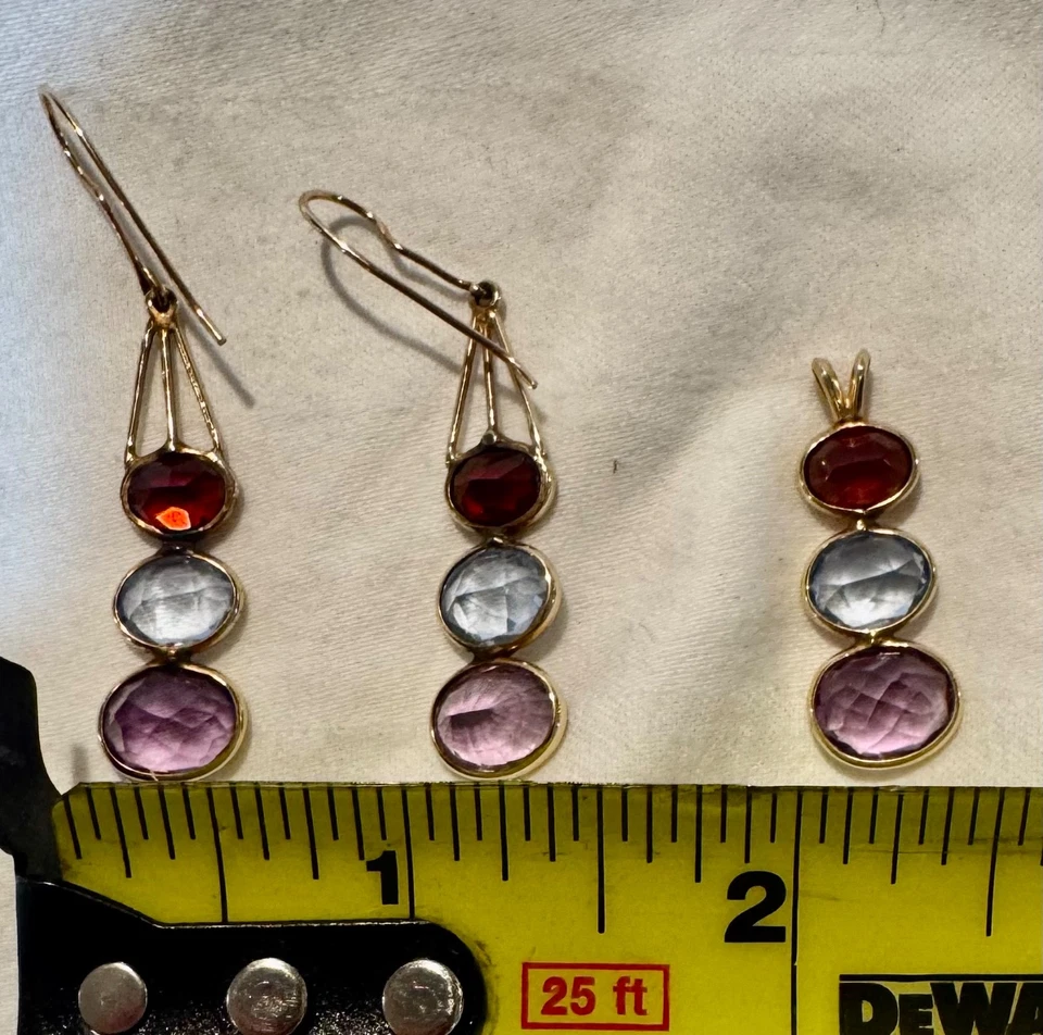 Juego de pendientes y colgantes de piedras preciosas multicolores de oro amarillo de 14K topacio amatista granate Foto 4 de 4