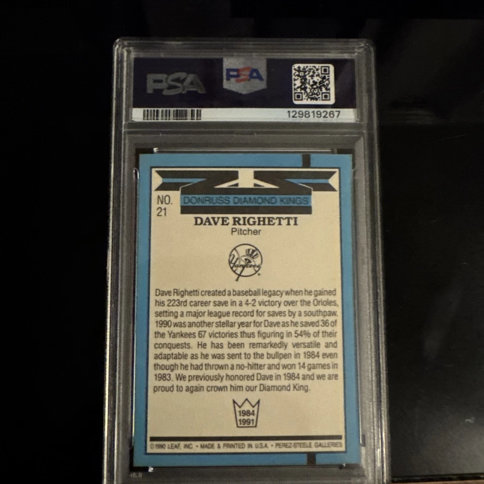 1991 Donruss - Diamond Kings Dave Righetti #21 PSA 9 КАК НОВАЯ - Изображение 2 из 2