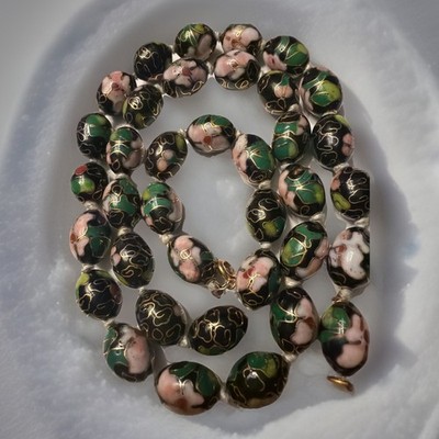 Vintage Chinese Export Oval 23'' Beaded Cloisonné Necklace Black Pink Green EX3