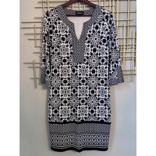 Liz Claiborne Dress Medium Black White Floral Print 3/4 Sleeve Stretch Shift