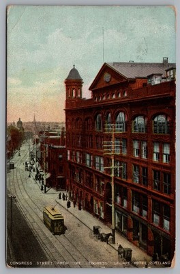Congress Street From Square Hotel Streetcar Portland ME DB 1909 Postcard TS-189