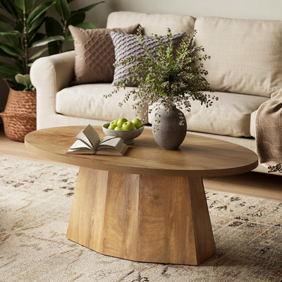 Modern 47-Inch Oval Coffee Table with Polygonal Base, Child-Friendly Design