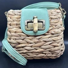 Sun N Sand Woven Wicker Straw Rattan Basket Crossbody Beach Bag Mint Green