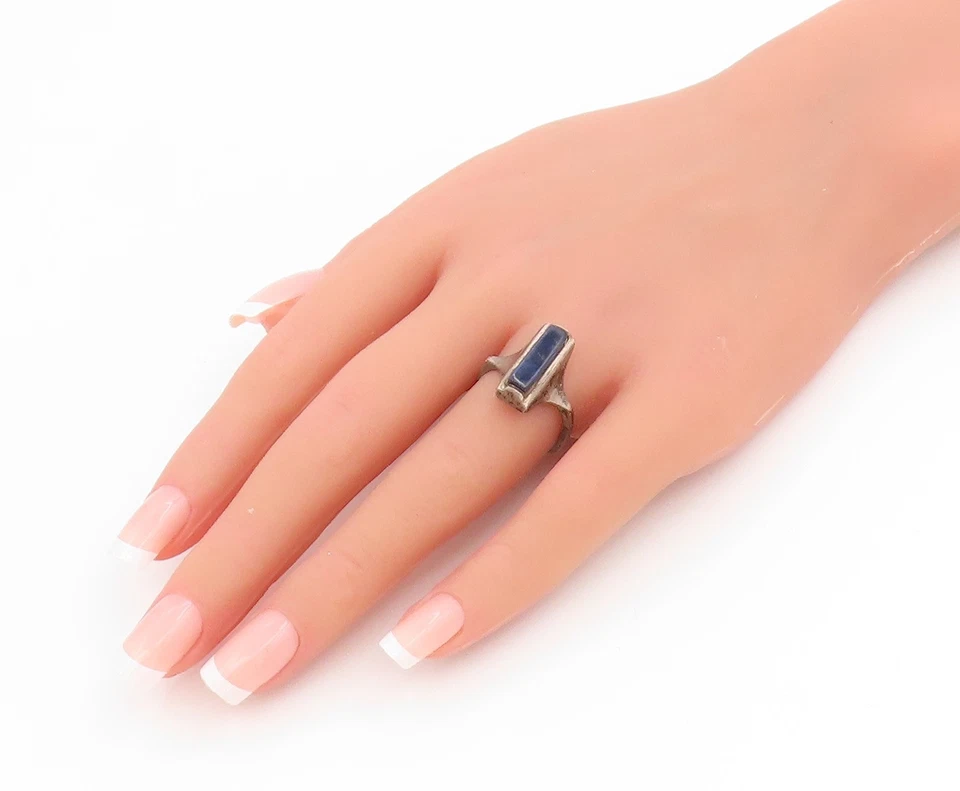 Anillo vintage de plata de ley 925 banda rectangular de lapislázuli talla 7 RG34423 Foto 3 de 4