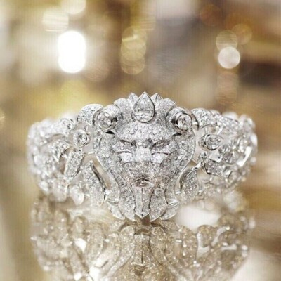 Round Cut Real Moissanite Lion Head Engagement Ring 14K - Main Image