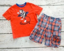 GAP KIDS 7 8 Boys Orange Monkey Surfing Gnarly Tee  Plaid Cargo Shorts DC-TT20