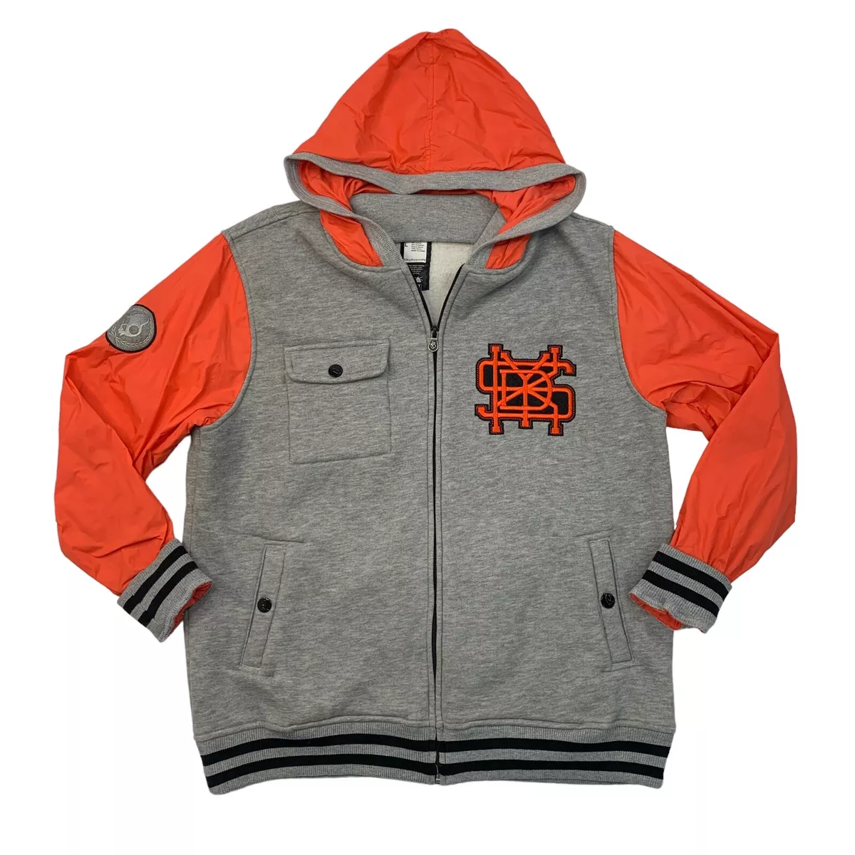 Skullcandy Varsity Jacket Mens L Large Gray Orange Full Zip Hooded Flap Pocket