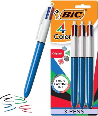 BIC 4-Color Original Retractable Ball Pens, Medium Point (1.0Mm), 3-Count Pack