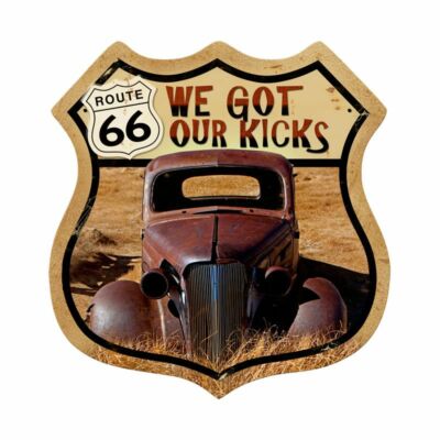 ROUTE 66 WE GOT OUR KICKS 15'' SHIELD HEAVY DUTY USA MADE METAL ADVERTISING SIGN