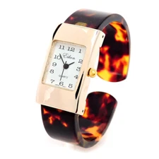 Tortoise Gold Acrylic Band Small Size Women's Bangle Cuff Watch