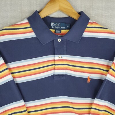 VTG POLO RALPH LAUREN Size XL Mens Blue Sunset Stripes Polo Shirt Cotton
