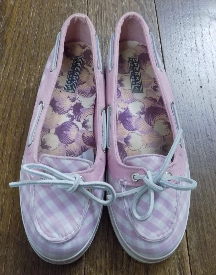 Zapatos de cubierta de barco SPERRY Top-Sider tela BLANCO ROSA guinga corbata de cuero a cuadros 8,5 Foto 2 de 4