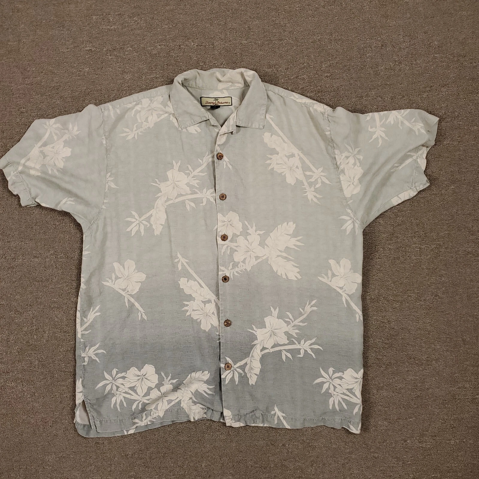 Tommy Bahama Shirt Green Medium Hawaiian Silk Button Down Flower Print Ombre
