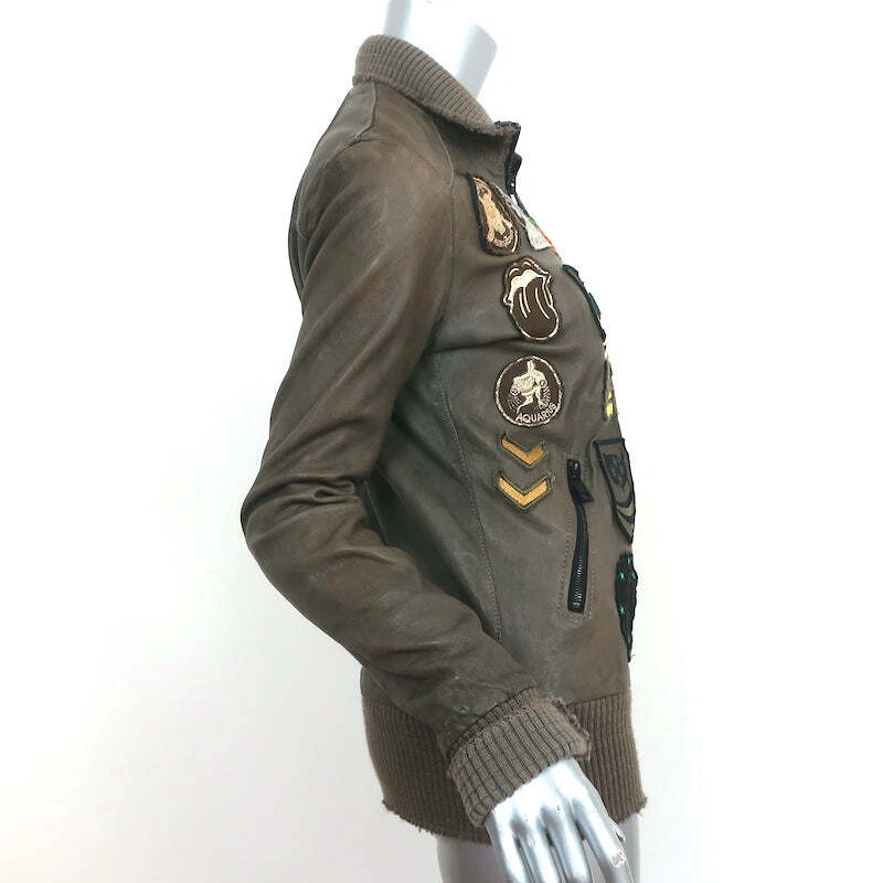 Chaqueta Bomber Giorgio Brato Parche Zodiaco Cuero Verde Ejército Talla 42 Foto 4 de 4