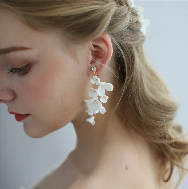 White Porcelain Flower Petal Drop Wedding Earrings Korean Bling