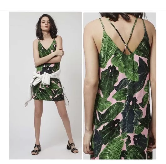 TOPSHOP Tropical Leaves Print Cami Slip Dress Size 4 Vacation