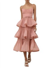 Zimmermann Pink Pleated Tiered Midi Dress Size 2 Spaghetti Strap Square Neck
