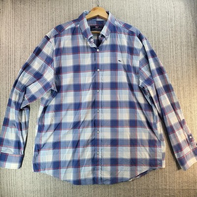 Vineyard Vines Shirt Mens XL Blue White Plaid Whale Shirt Button Down Stretch