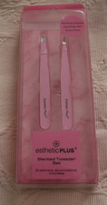 NEW sealed ESTHETIC PLUS Slanted 2 Tweezers Set Pink Stainless steel Aligned Tip