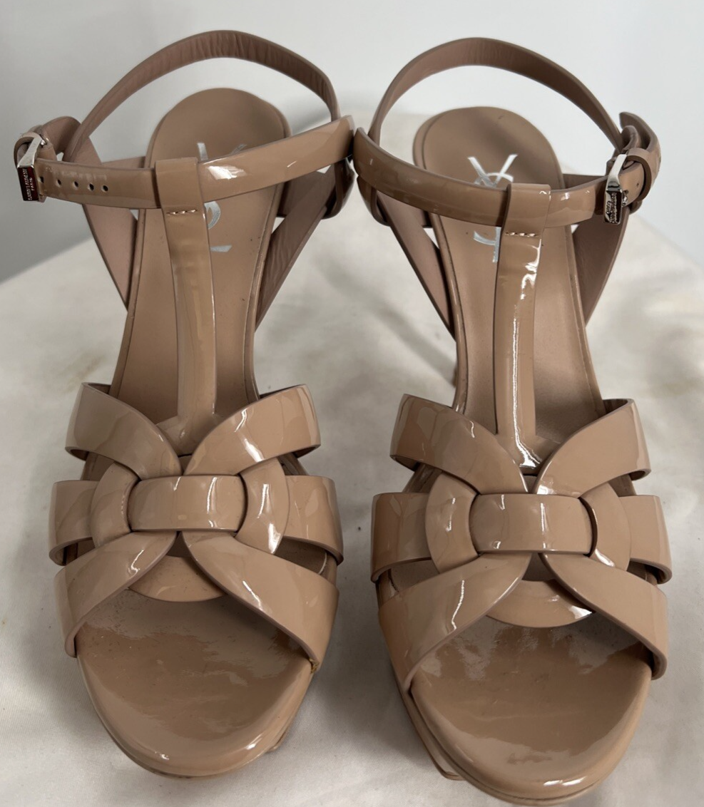 Sandali donna YSL Saint Laurent beige vernice omaggio tacco EU taglia 37