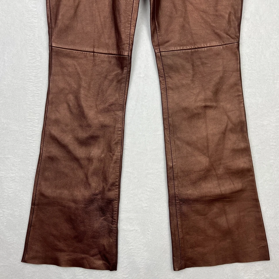Cache Lamb Leather Pants Womens 4 Wide Leg Flared Copper Brown Bronze Y2K - Image 3 of 4